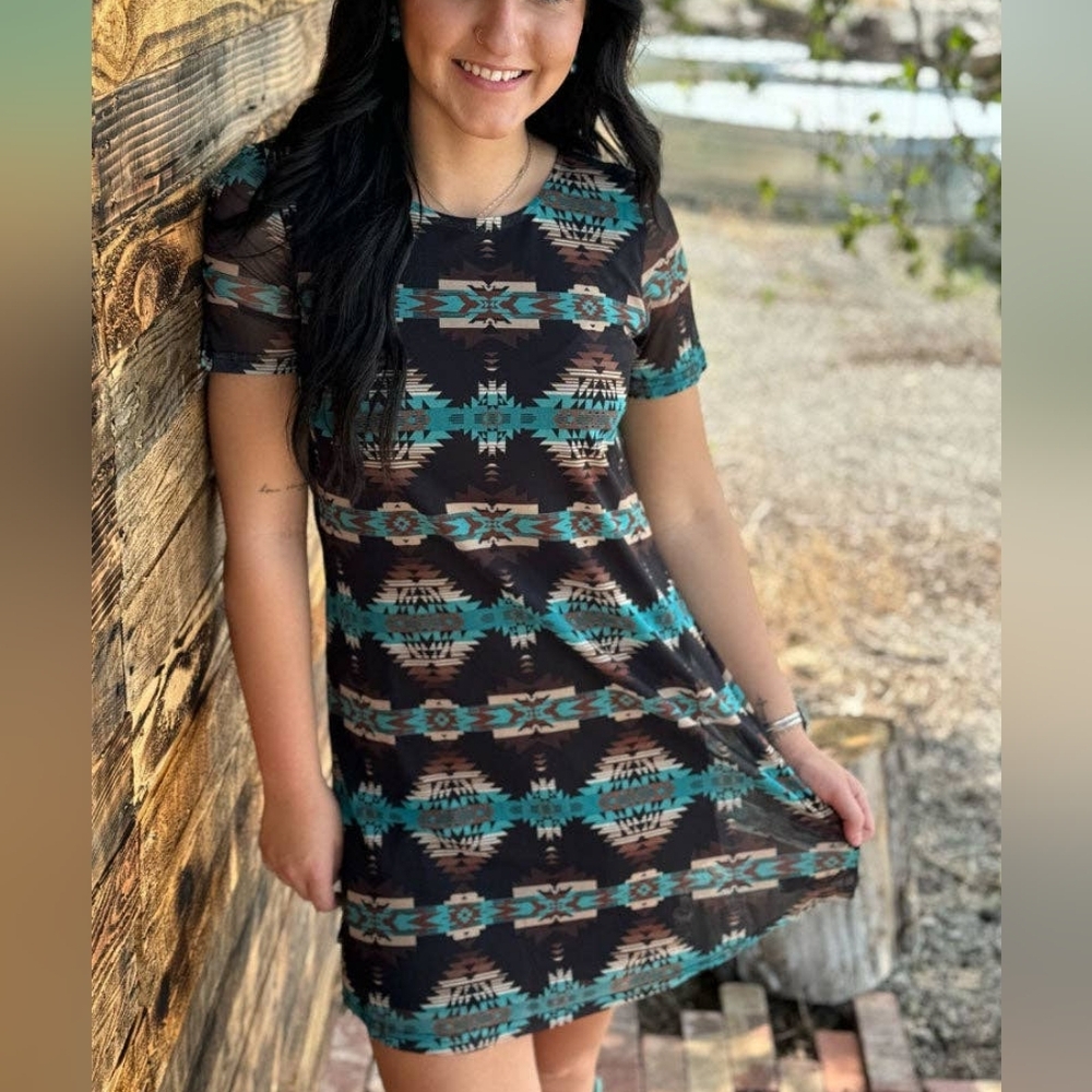 NWT Sterling Kreek Aztec Black Rodeo Mesh Dress